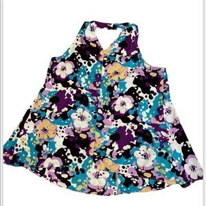 GAP Floral Blue Blouse Tank Top loose silky boho deep v neck style Size L